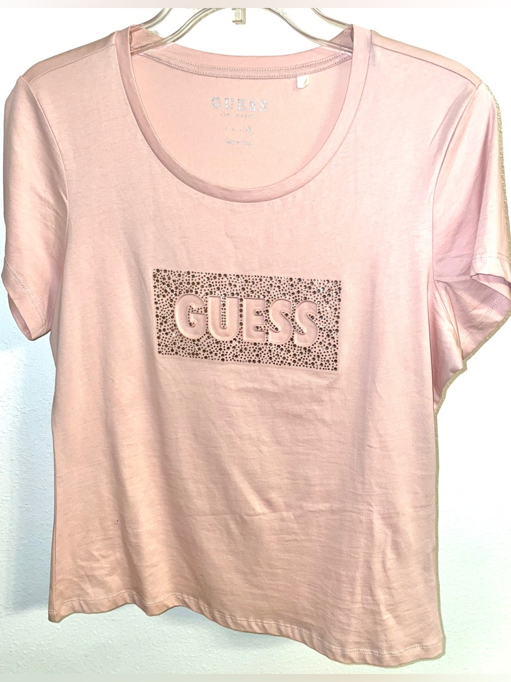 GUESS Light Pink Short Sleeve Logo Tee with Rhinestones Size XL